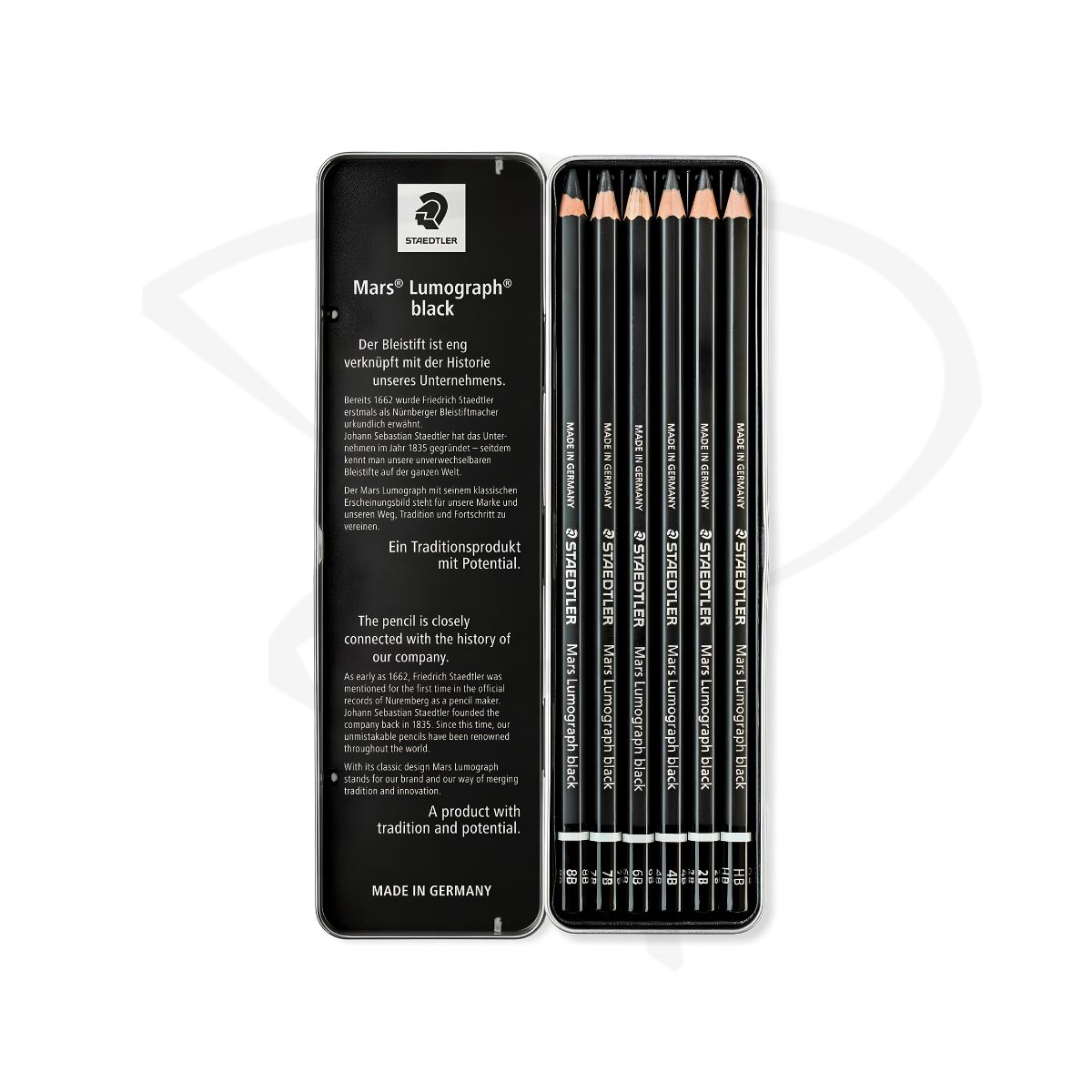 Lapices de grafito negro mate en estuche metalico - Staedtler Mars Lumograph - 6 unidades - Imagen 2