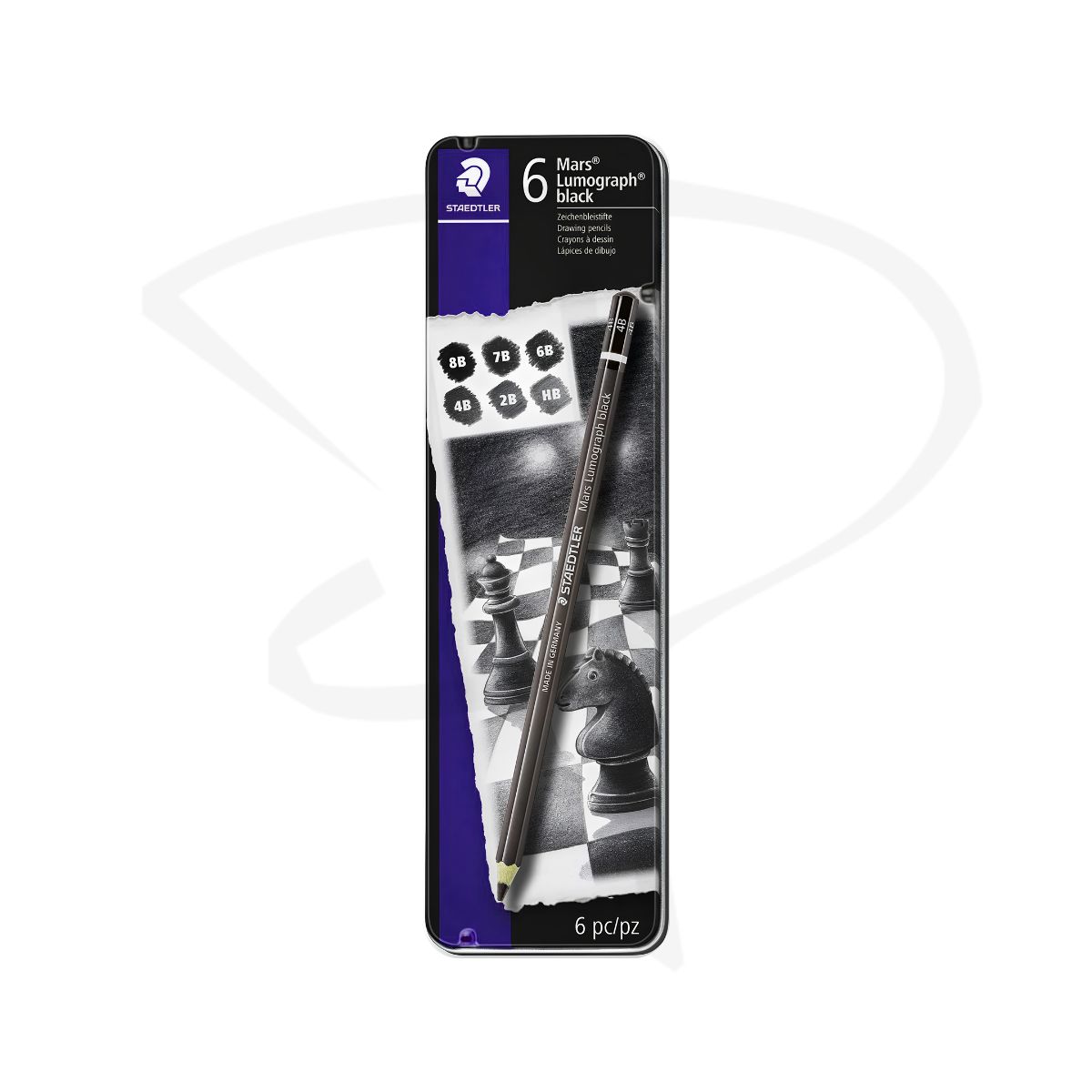 Lapices de grafito negro mate en estuche metalico - Staedtler Mars Lumograph - 6 unidades